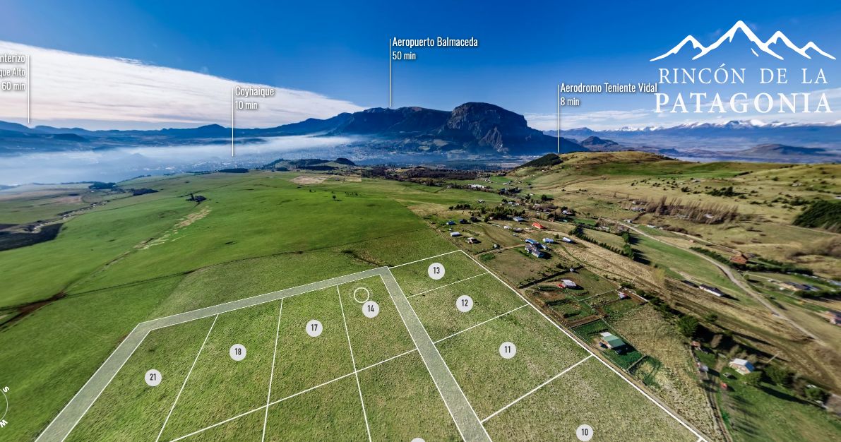 Masterplan aéreo del loteo con las parcelas numeradas y las distancias a Coyhaique, Balmaceda y el aeródromo